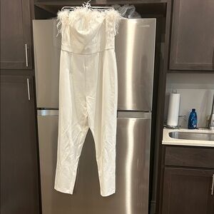 Elegant White strapless Feather-Trimmed Jumpsuit